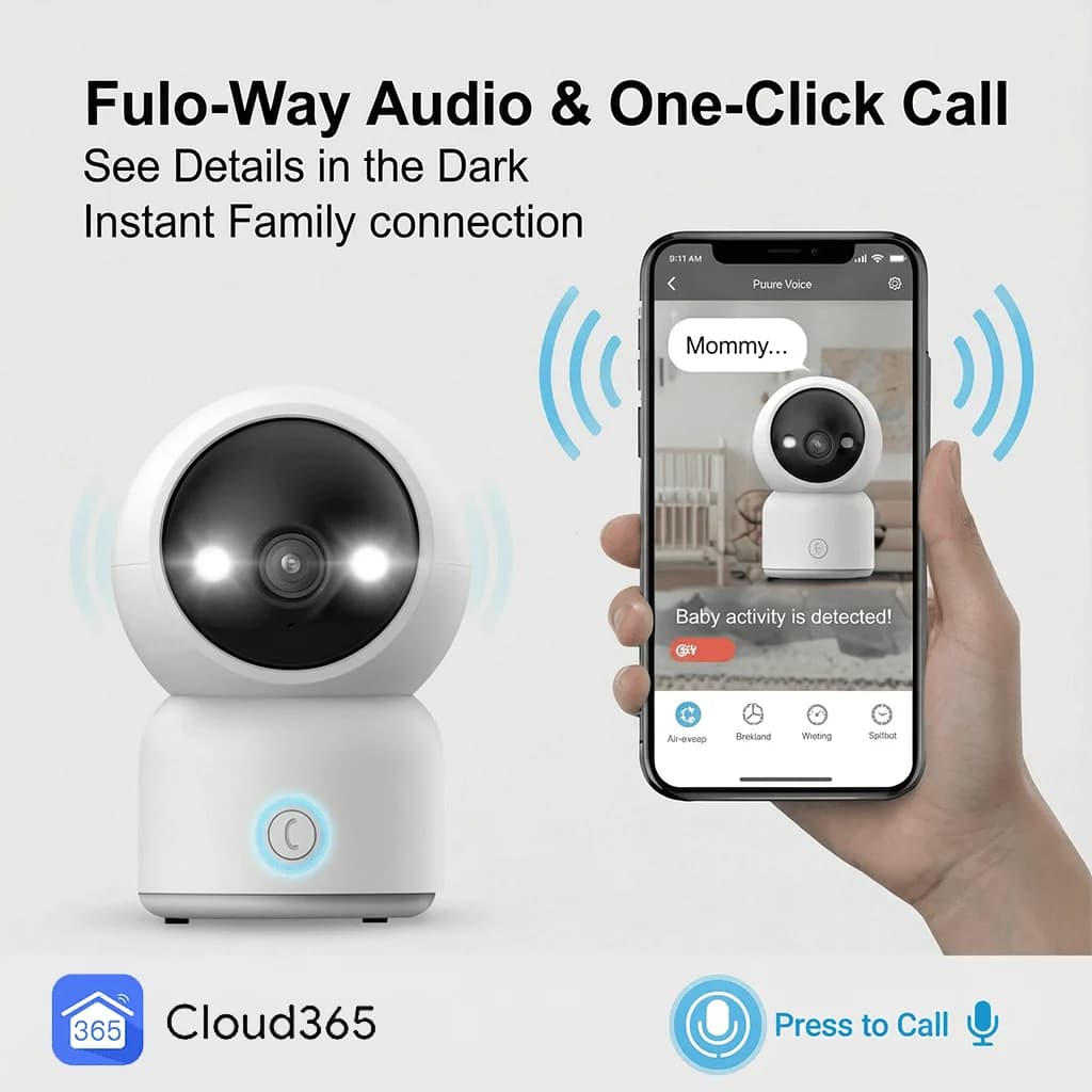 Telecamera WiFi 5MP con Pulsante per Videochiamate One-Touch, Tracciamento AI, Visione Notturna a Colori, Monitor per Bambini e Anziani