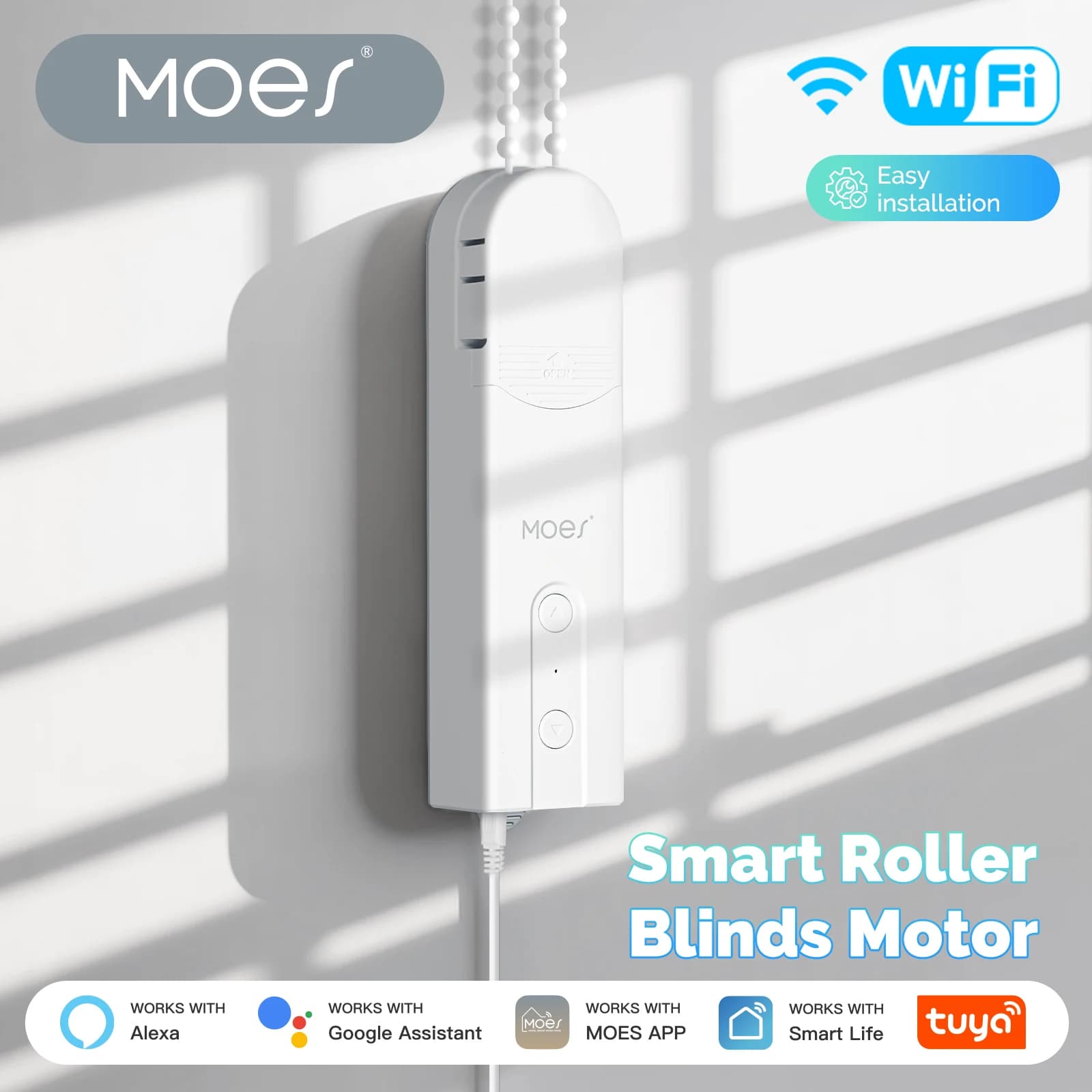 Motore per tende intelligenti WiFi Tuya, driver per tende a rullo elettriche MOES, controllo vocale Alexa Google Home, catena con cavo di trazione automatico 