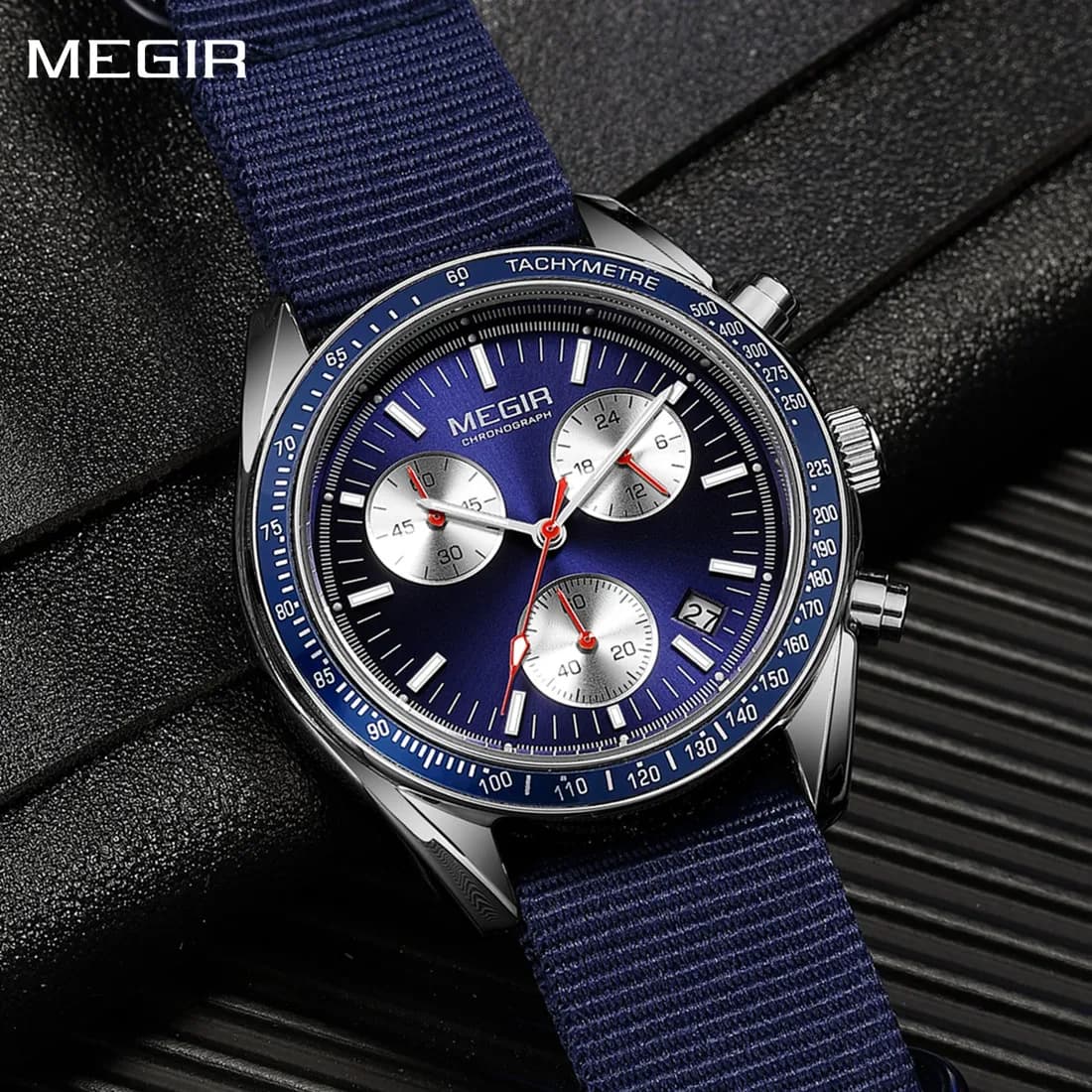 MEGIR Chronograph Sport Men's Canvas Strap Quartz Calendar Waterproof Casual Wrist Watch With 24 Hours Relogio Masculino