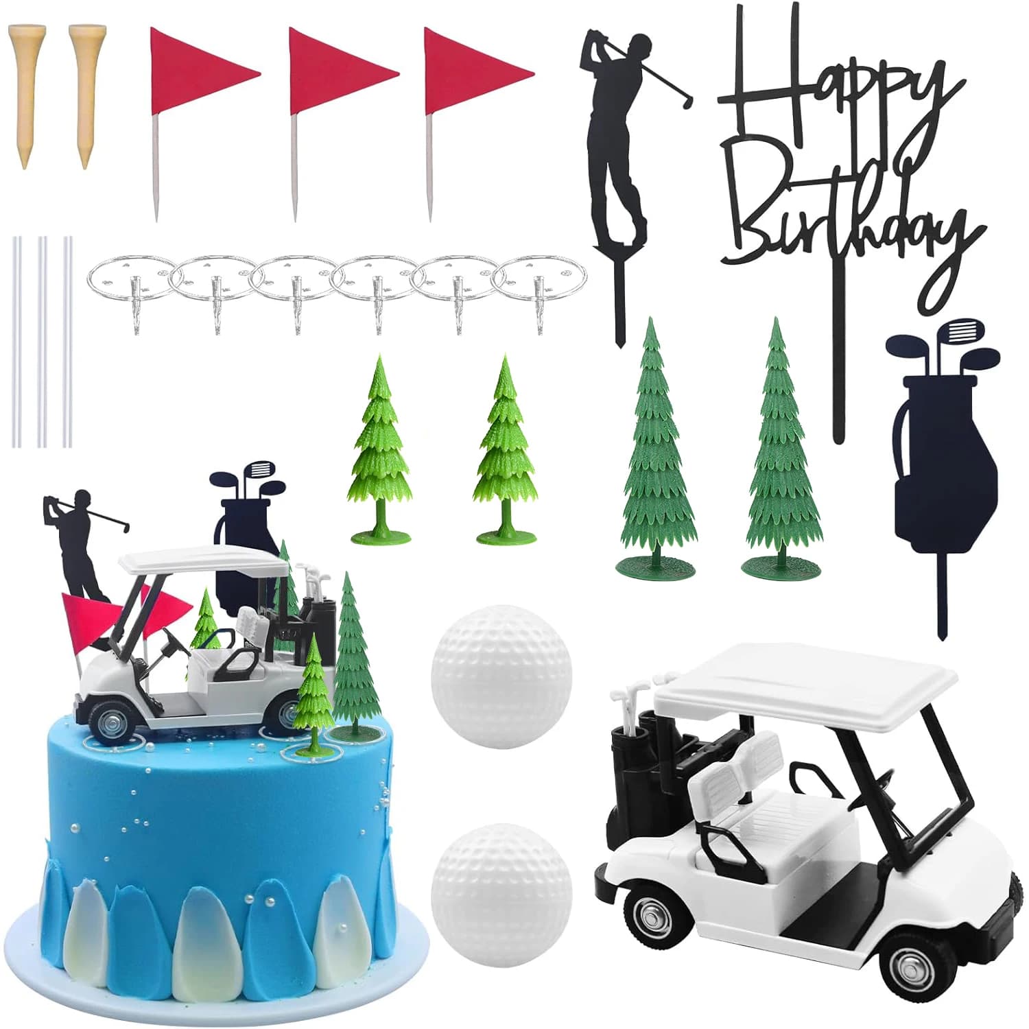 Topper per torta di compleanno da golf Mini carrello da golf Giocattolo Decorazione per torta a tema golf con bandiera per carrello Pallina da golf Albero verde per feste a tema golf