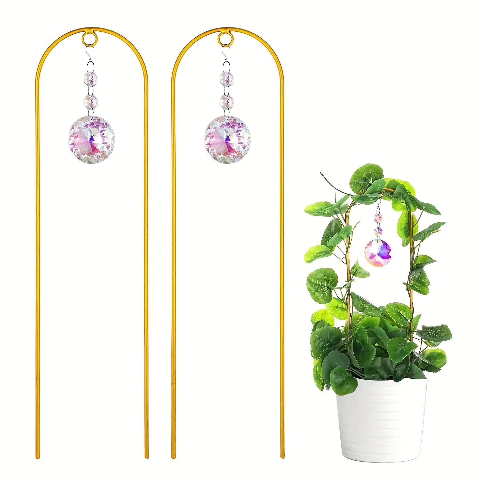 Metal Plant Trellis with Clear Crystal Rainbow Suncatcher Decor Small Plant Support Stakes for Climbing Vines Flowers Houseplant