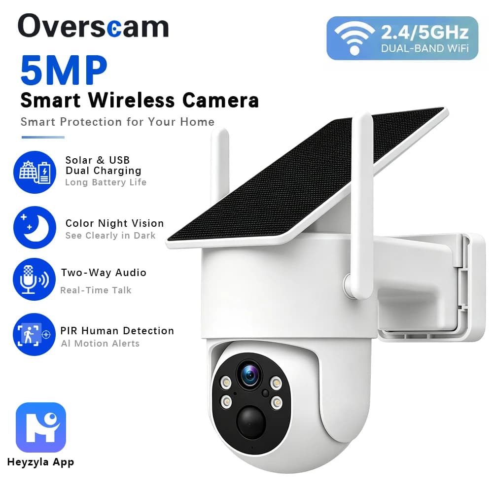 5MP Solar Powered PTZ Camera For Outdoor Wireless Home Monitoring Fixed Solar Panel 360 5GHz WiFi PIR Detection Surveillance Cam