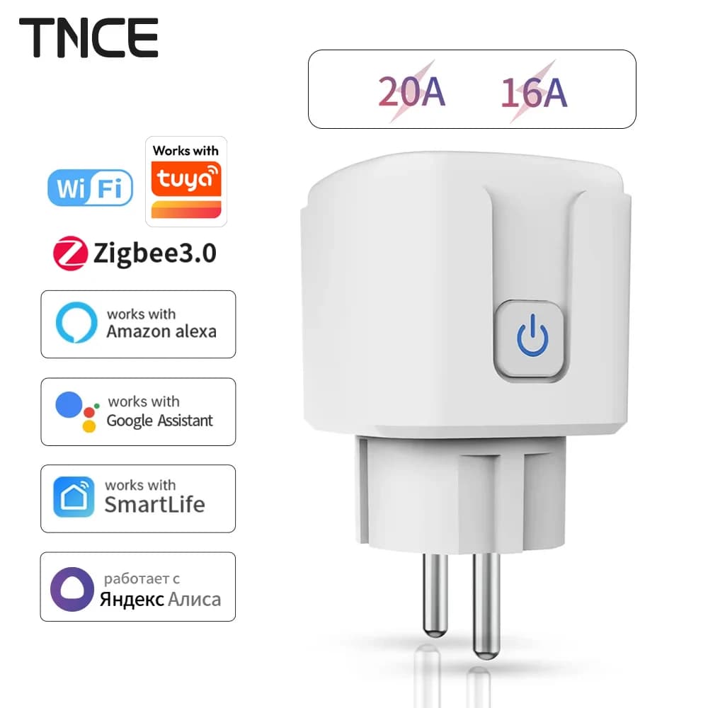 TNCE Tuya WiFi/Zigbee 16A/20A EU Plug With Smart Home Power Monitor, Smart Home Remote Control Spine Timer Support Voice Google Home Alexa
