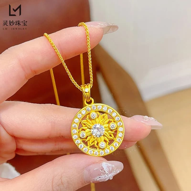 Gold Shop 9999 Necklace with sun totem pendant in real gold 24 carats with full diamonds, pendant with round plate with sun flower for girlfriend