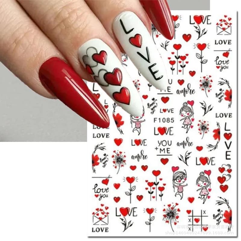 Decalcomanie per nail art 3D San Valentino Lettere d'amore rosse Cuori Denti di leone Fiori Foglie Adesivi per unghie Decorazione per manicure per unghie