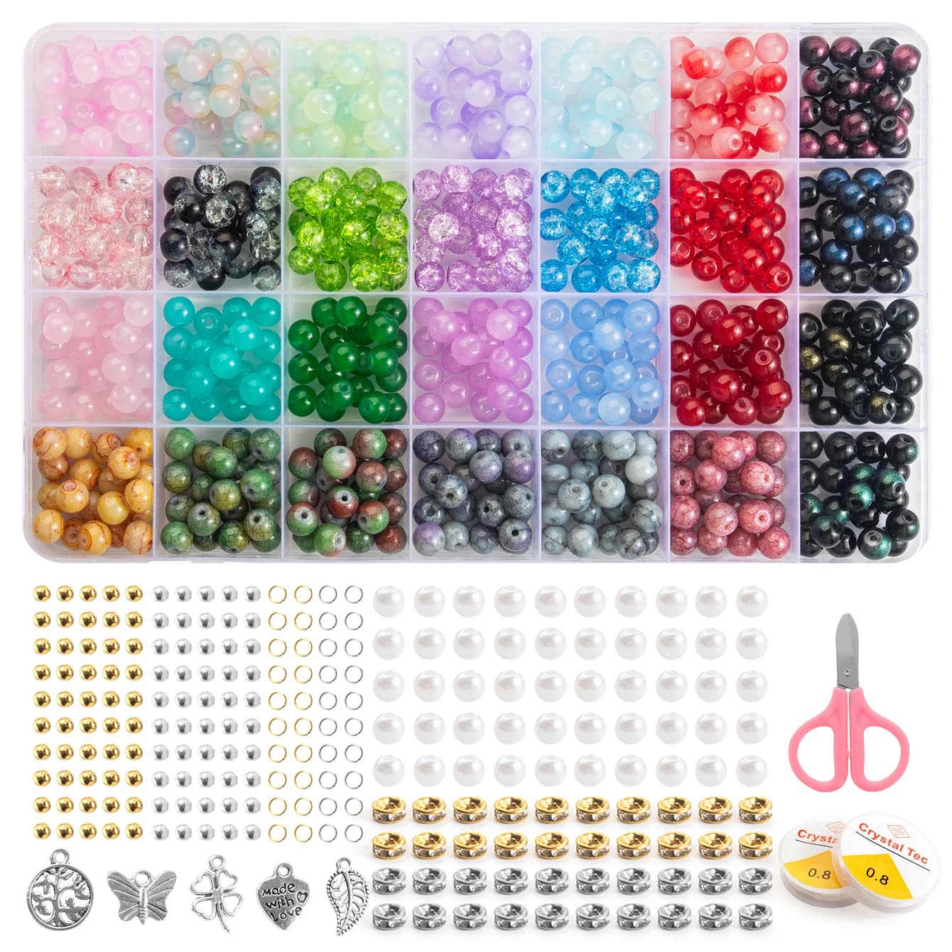 Kit per realizzare braccialetti con perline di vetro 28 colori Perline di cristallo da 8 mm Perline di pietre preziose rotonde con accessori per la creazione di gioielli fai-da-te