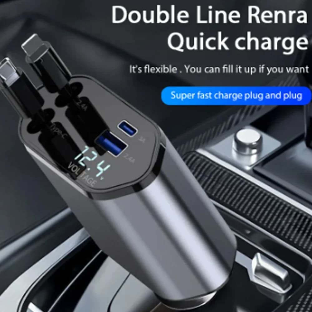 Car Charger Adapter USB Type C Quick Charger Adapter 120 W with Retractable Cables suitable for iPhone 16/15/14/13/12 Samsung