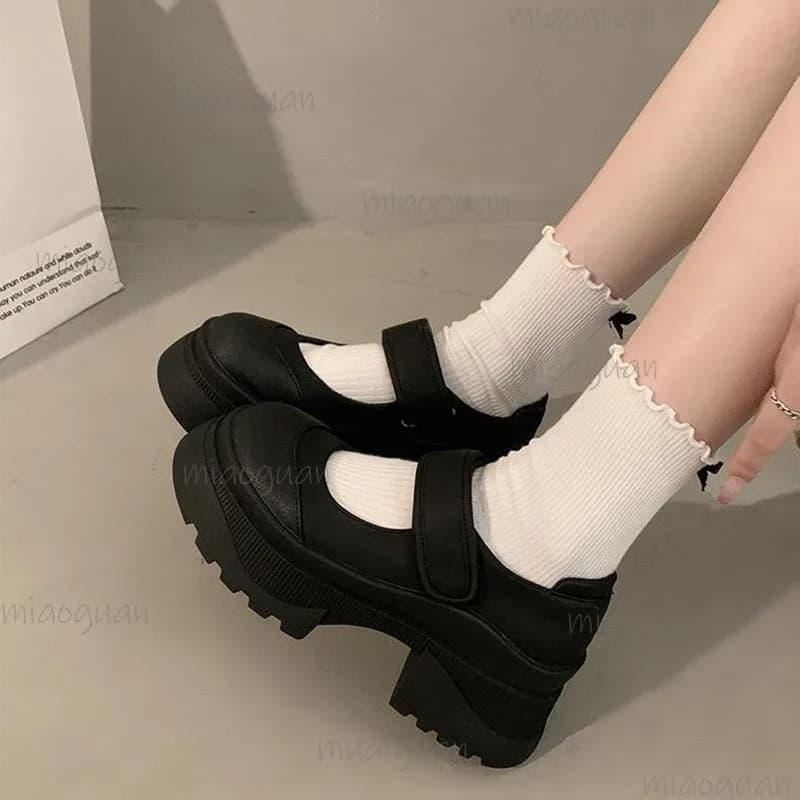 Women's Moccasins Leather With Thick Bottom Retro Black Women's Shoes Spring Autumn New Decolleté With Thick Heel Mary Jane Single Shoes