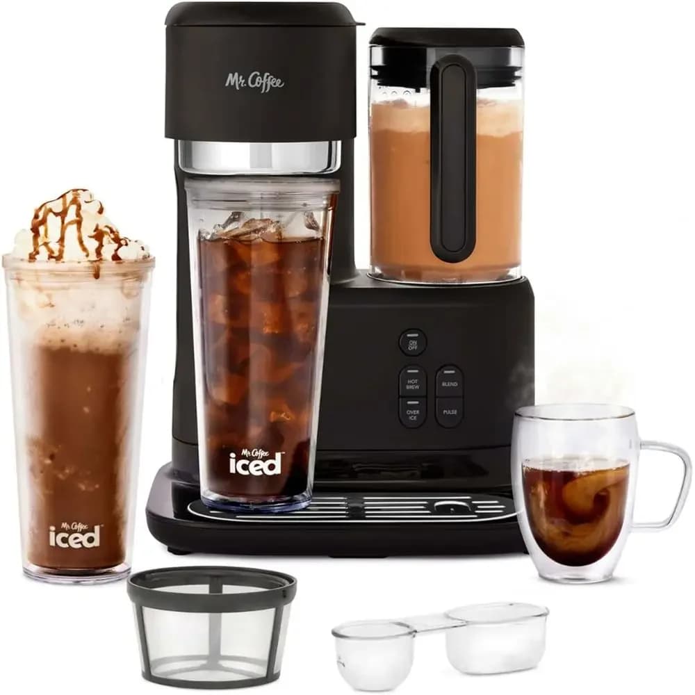 Macchina 3-in-1 per Caffè/Tè Freddo e Caldo Monodose con Frullatore, Filtro Riutilizzabile, Cucchiaio, Libro di Ricette, 2 Bicchieri, Coperchi e Accessori