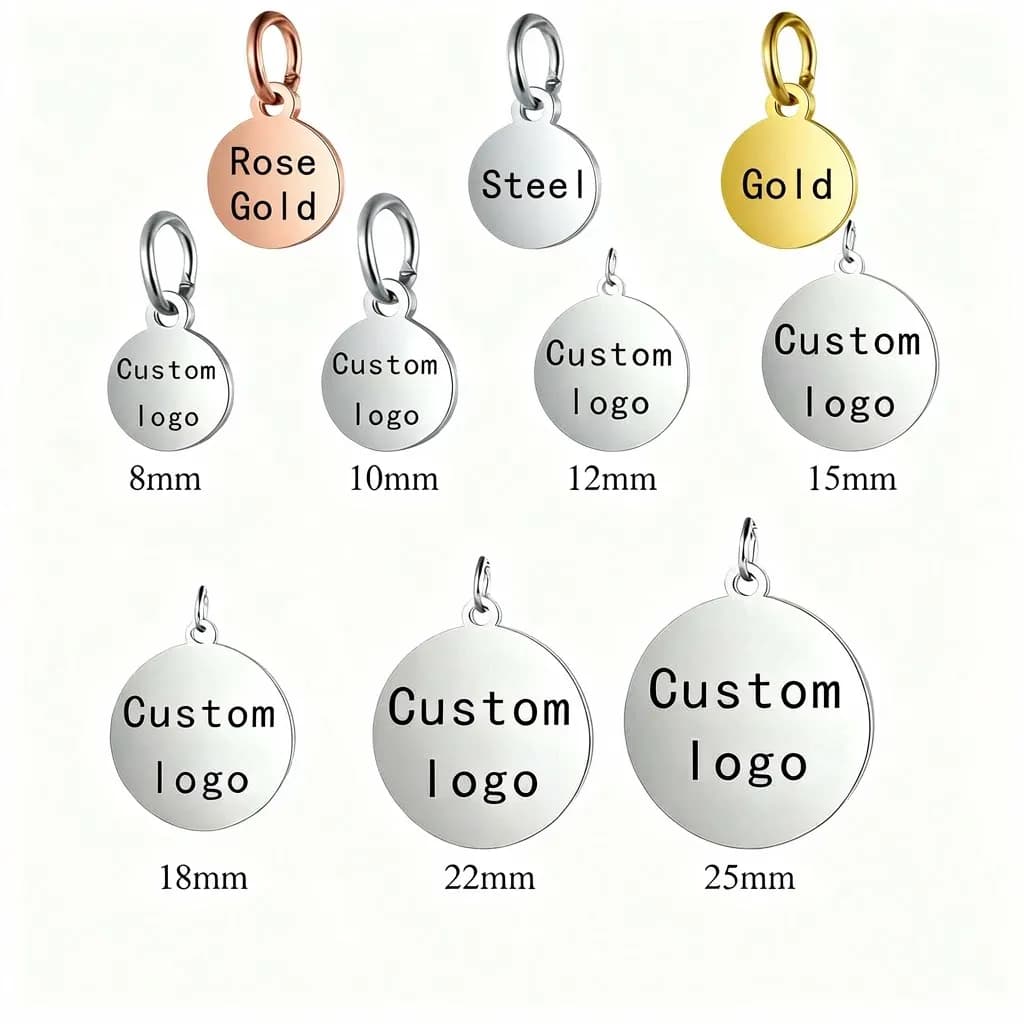 30 etichette personalizzate in acciaio inossidabile con logo inciso al laser, targhette in metallo con nome, etichette per gioielli, vendita all'ingrosso, etichette color oro rosa.