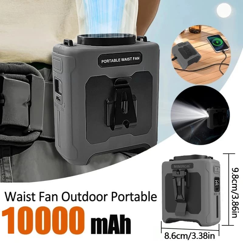 Portable Waist Fan 10000mAh with Power Bank LED Lighting Hanging Neck Fan 5 Speed Strong Airflow Cooling Fan for Outdoor Working