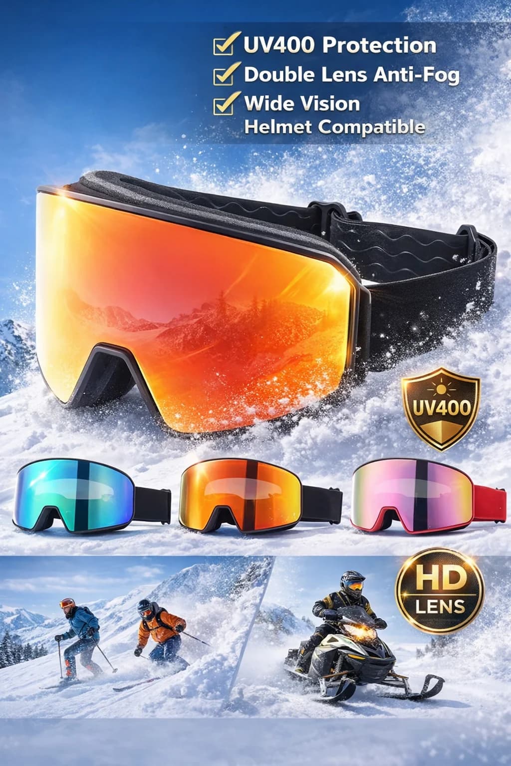 Occhiali da Sci Professionali JSJM HD a Doppio Strato, Antiappannamento, UV400, per Snowboard, Motoslitta, Sport all'Aperto, Occhiali da Neve per Adulti