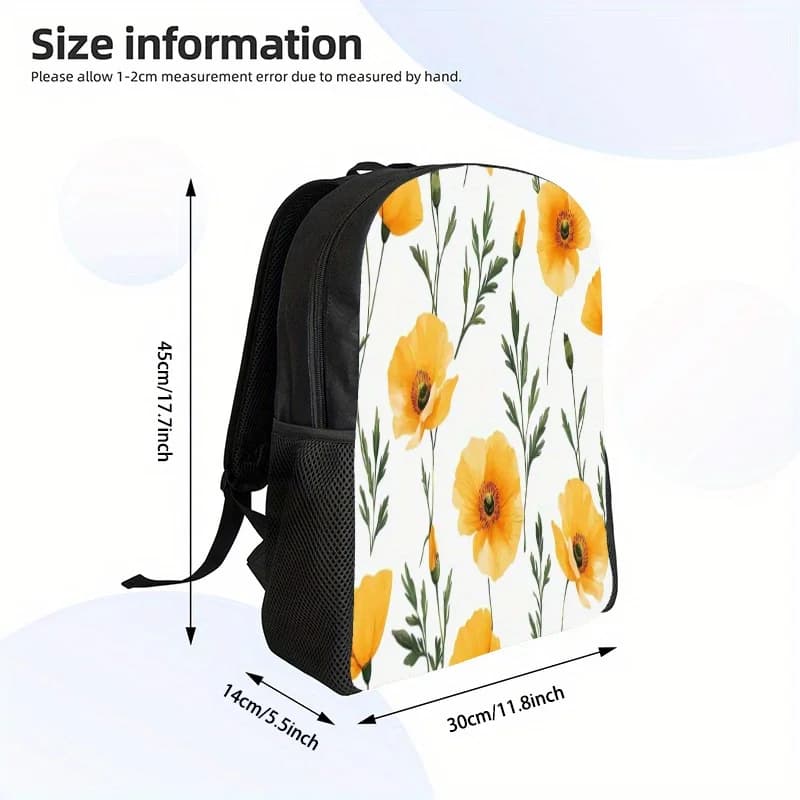 2D flat print backpack, multipurpose spring backpack, yellow floral pattern. Unisex Printed School Backpack, Outdoor Leisure Bag