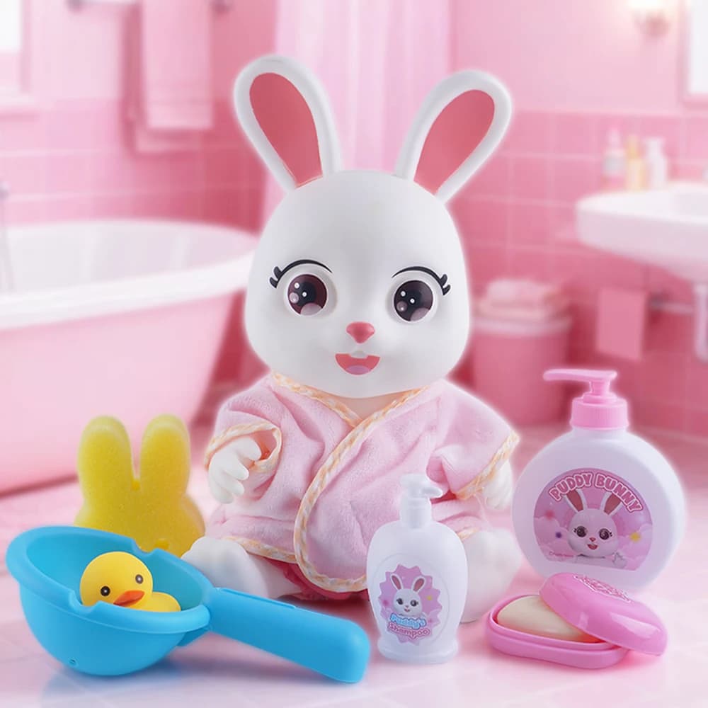 Set Giocattoli da Bagno Coniglio Puddy Bunny 28cm, Giocattoli per Casa delle Bambole con Coniglio Simulato in Accappatoio