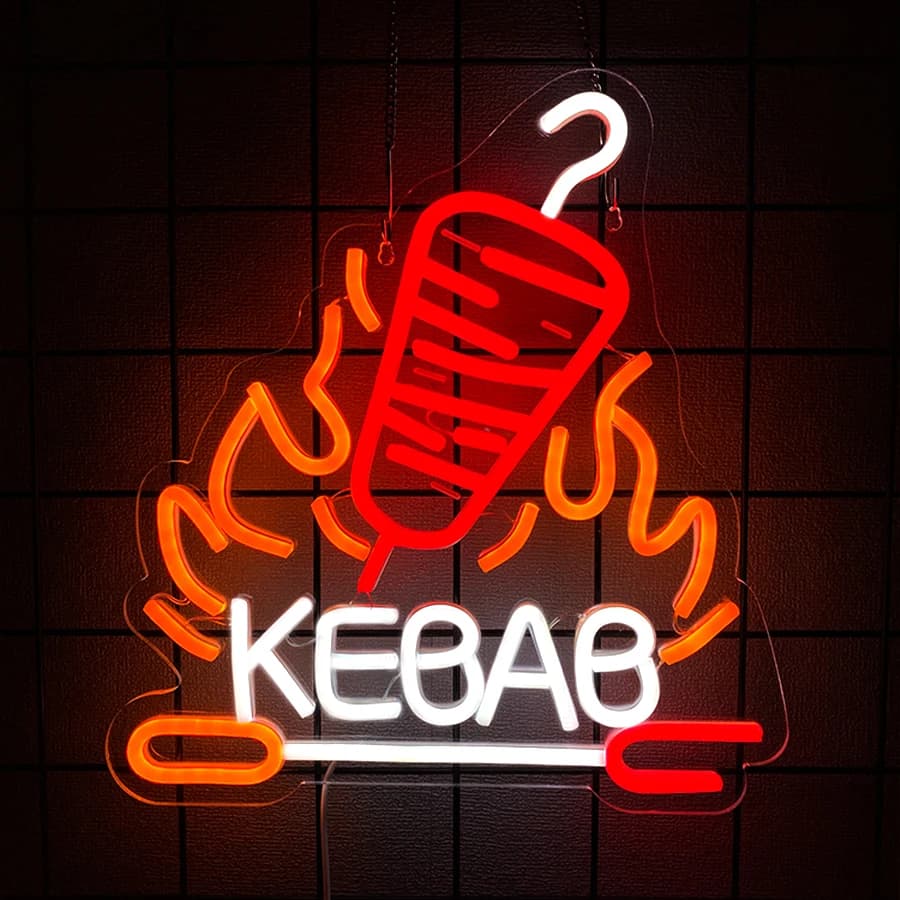 Insegna al neon Kebab, luci al neon appese a parete, decorazione artistica per Doner Kebab Kabob Kabab Ristorante mediterraneo o cibo Sho