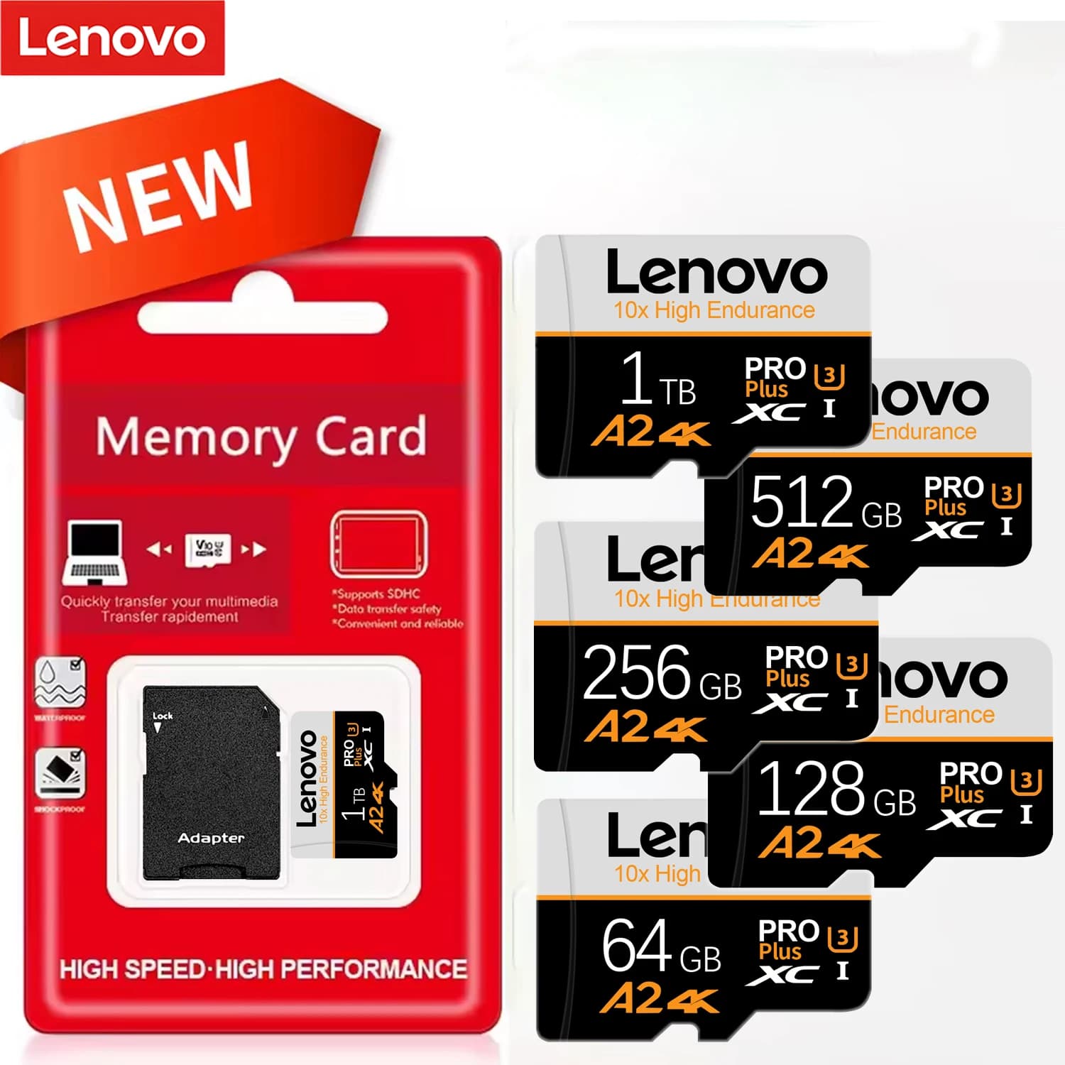 Scheda Micro SD Lenovo UHS-I ad Alta Velocità di Trasferimento, 128GB 256GB 512GB U3 V30, Scheda Flash TF per Fotocamere e Dispositivi di Sorveglianza