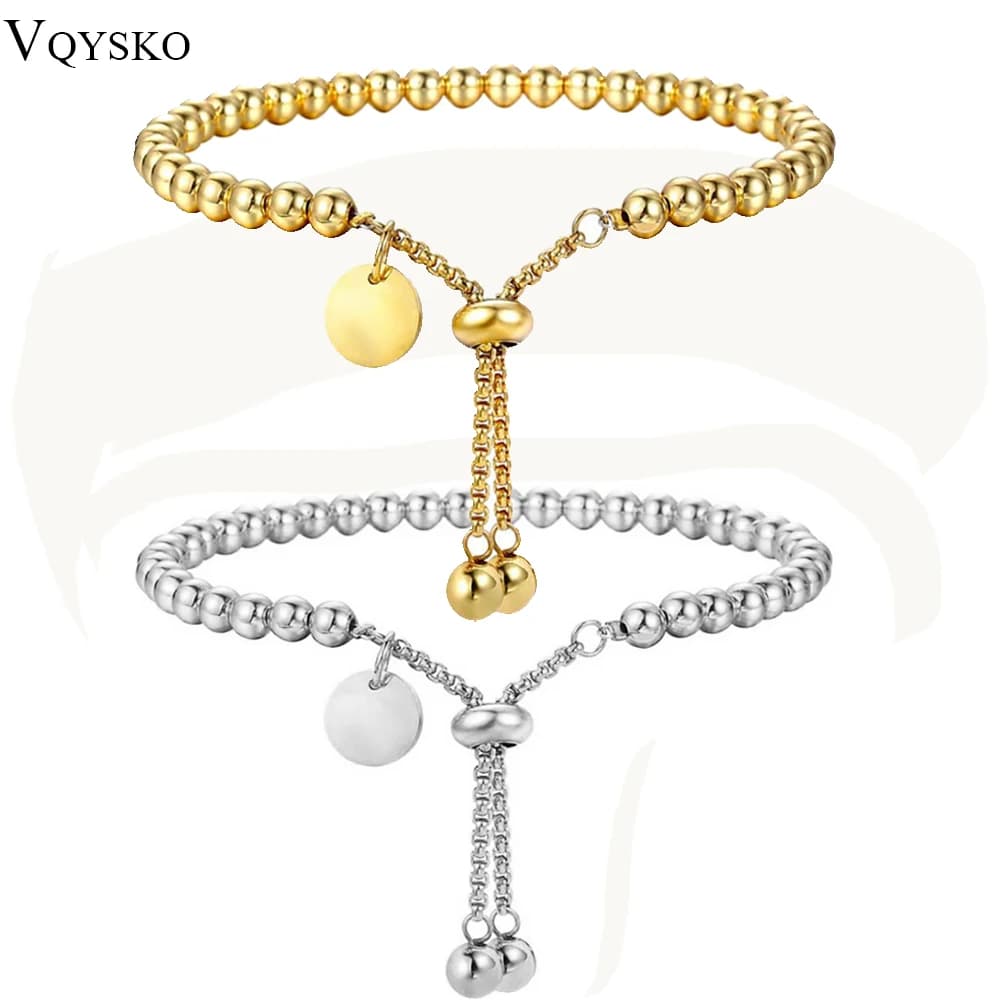 VQYSKO Bracciale personalizzato in acciaio inossidabile alla moda con etichetta con lettera, perline a sfera, gioielli da donna regolabili