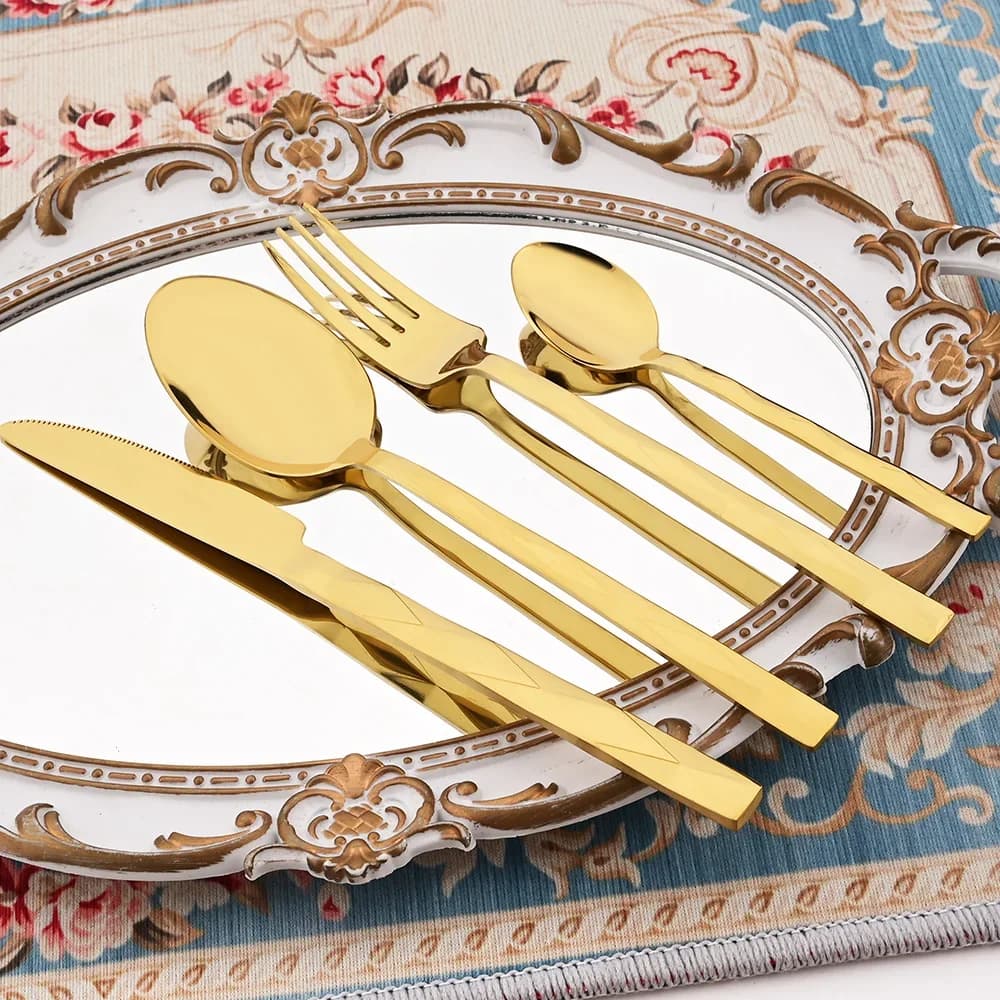 Set di Posate 4 Pezzi in Acciaio Inox Dorato a Specchio, Coltelli, Forchette e Cucchiaini da Tè, Set di Stoviglie Occidentali per Cucina