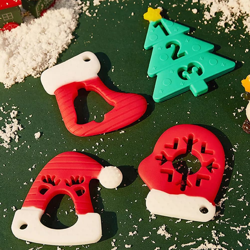Set di 4 Massaggiagengive in Silicone per Neonati, Anelli Sicuri per Alleviare il Dolore della Dentizione, Regalo di Natale 2024