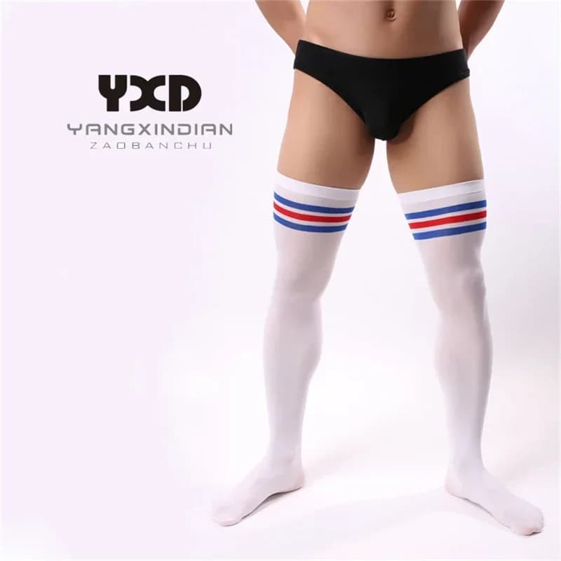 New Men's Silk Socks Sexy High Elasticity Football Sports Long Socks Men's Socks Breathable Velvet Men's Striped Socks