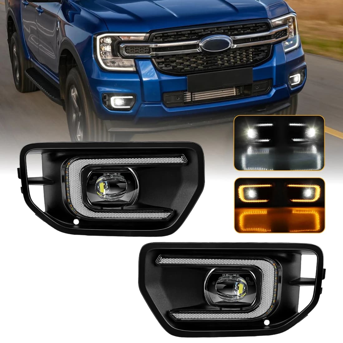 1 Set LED DRL Fog Lamp For Ford RANGER T9 XL XLT 2023 2024 2025 Front Daytime Running Light Foglight Kit Dynamic Turn Signal 12V