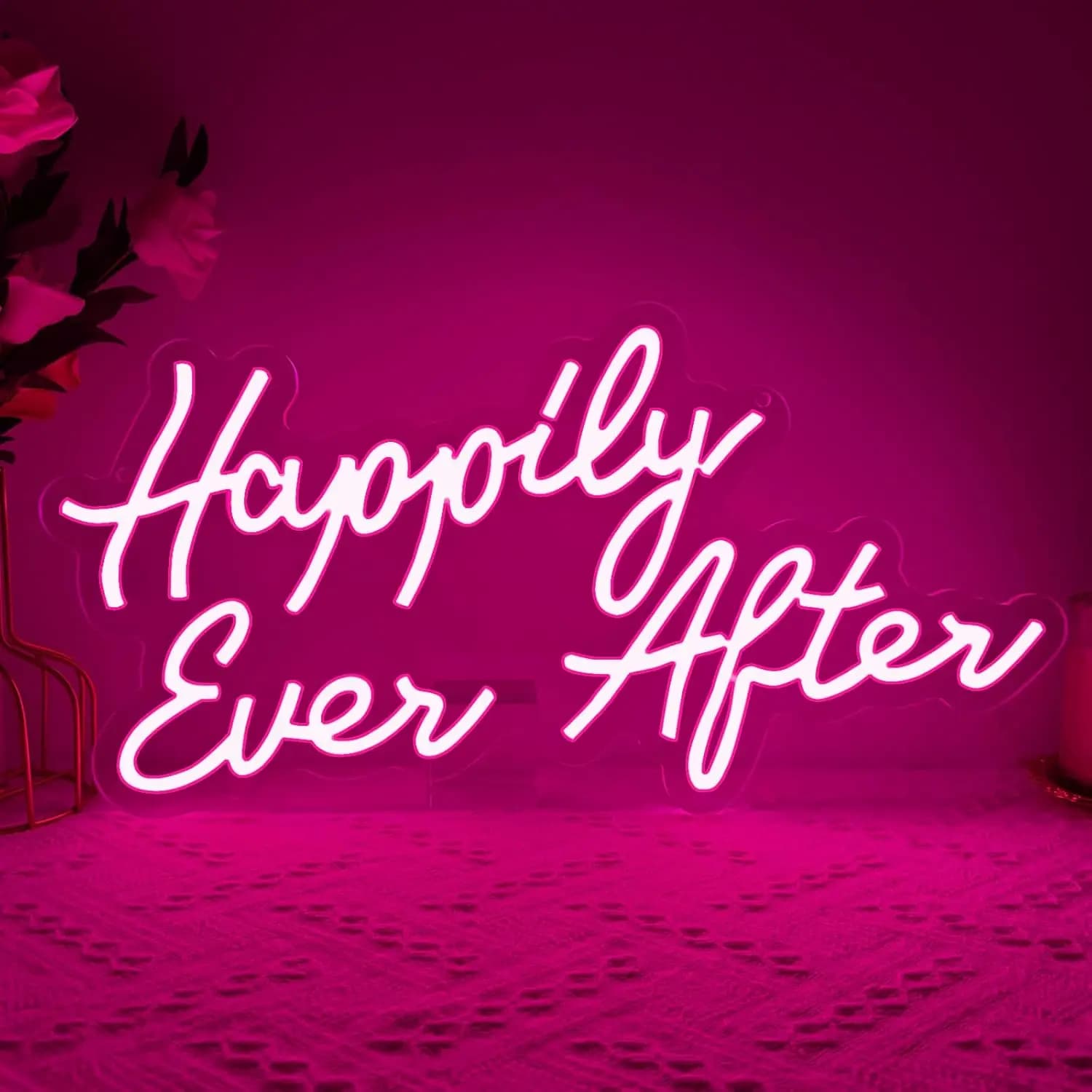 Insegna al neon LED Happily Ever After – Decorazione da parete USB dimmerabile per matrimoni, addii al nubilato, fidanzamenti, feste di San Valentino