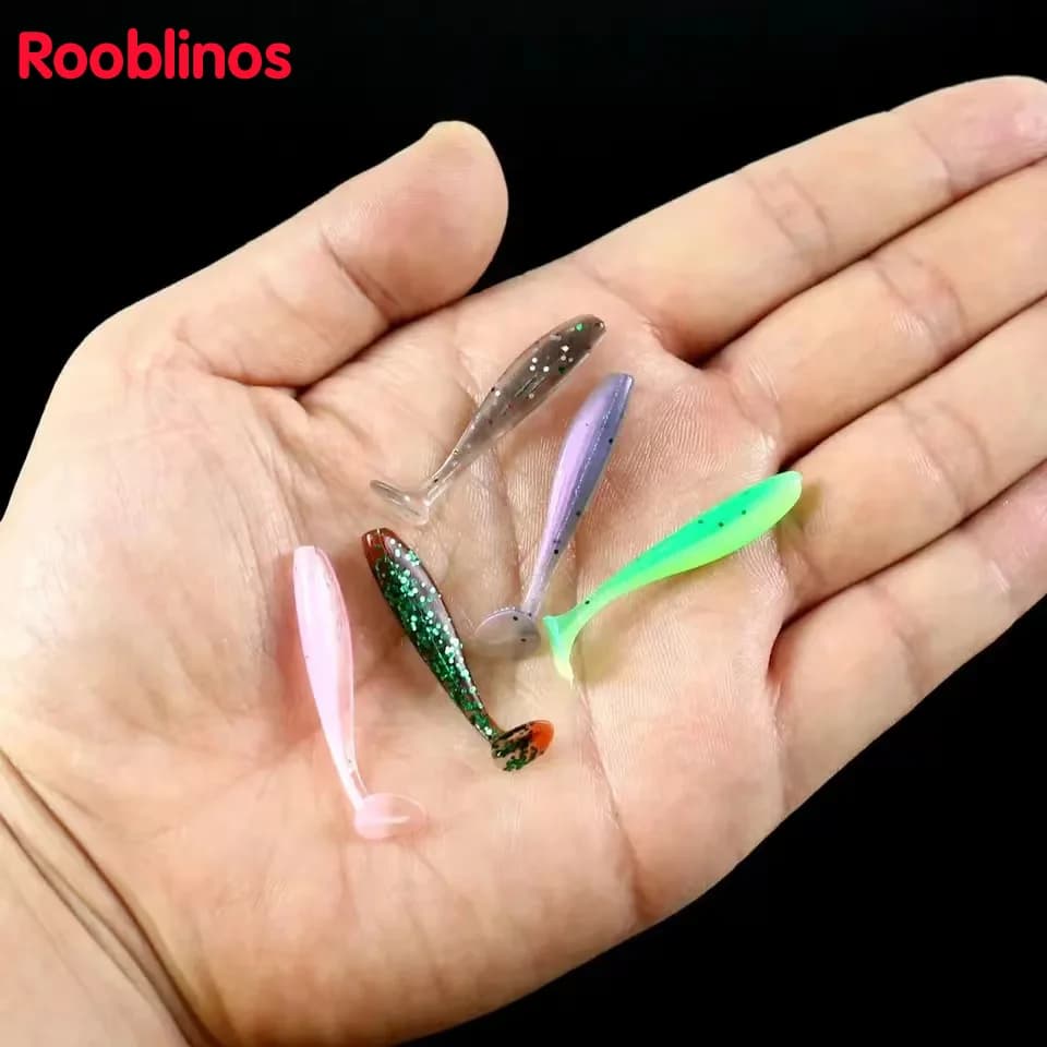 Rooblinos 10/50 pezzi mini esche da pesca morbide, esca a vite senza fine con coda a T, esca artificiale in silicone, attrezzatura da pesca per luccio spigola