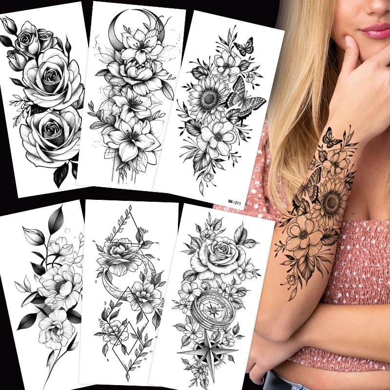 Temporary tattoos with black flowers for women men Wall decals for waterproof realistic floral tattoos for fake tattoos for hand arm body