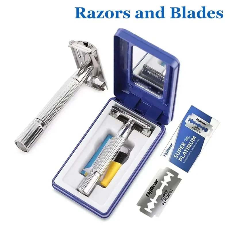 Double Edge Beard Hair Shaver Set Men's Traditional Classic Beard Razor Shaver Stainless Steel Safety Mens Trimmer Blades Box