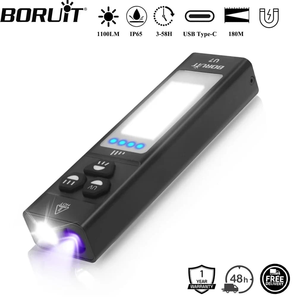 BORUiT U7 UV LED Flashlight EDC 1100LM Type-C Rechargeable Power Bank Work Flashlight with Magnet Camping Pocket Lantern