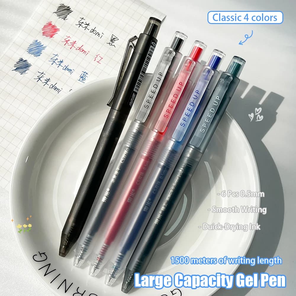 6 Penne Gel Semplici ad Alta Capacità 0.5mm Stile Minimalista Asciugatura Rapida Nero Blu Rosso Blu Scuro Penne Trasparenti 4 Colori
