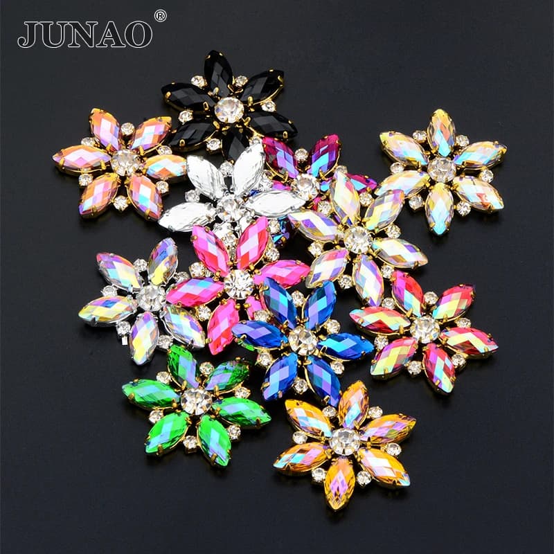 JUNAO 1 pz 36mm Cucire Su Rosa AB Fiore di Vetro Strass Artiglio D'oro Applicazione di Cristallo Flatback Strass Pietre da Cucire per Abito Artigianato