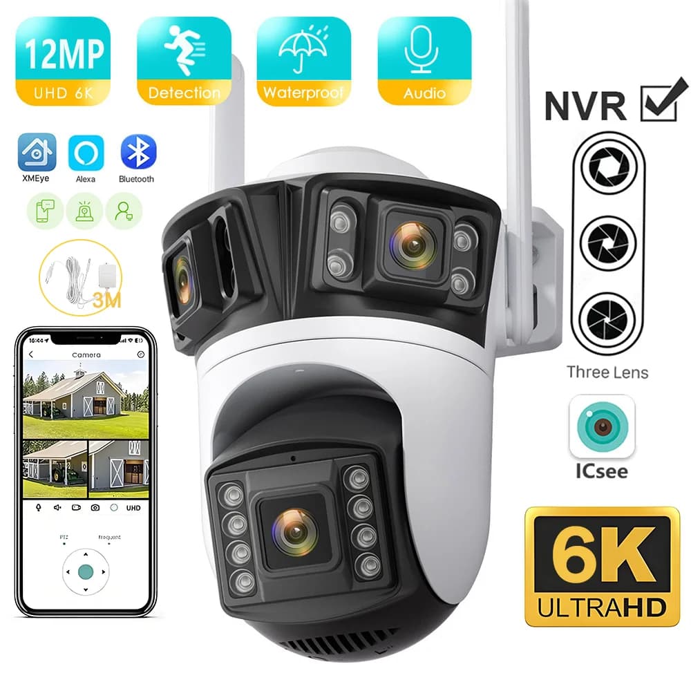 KKOREX Tre Schermi 6K 12MP HD WIFI Telecamera IP Esterna Tre Obiettivi Ai Rilevazione Umana Impermeabile CCTV Video iCsee Telecamera di Sicurezza