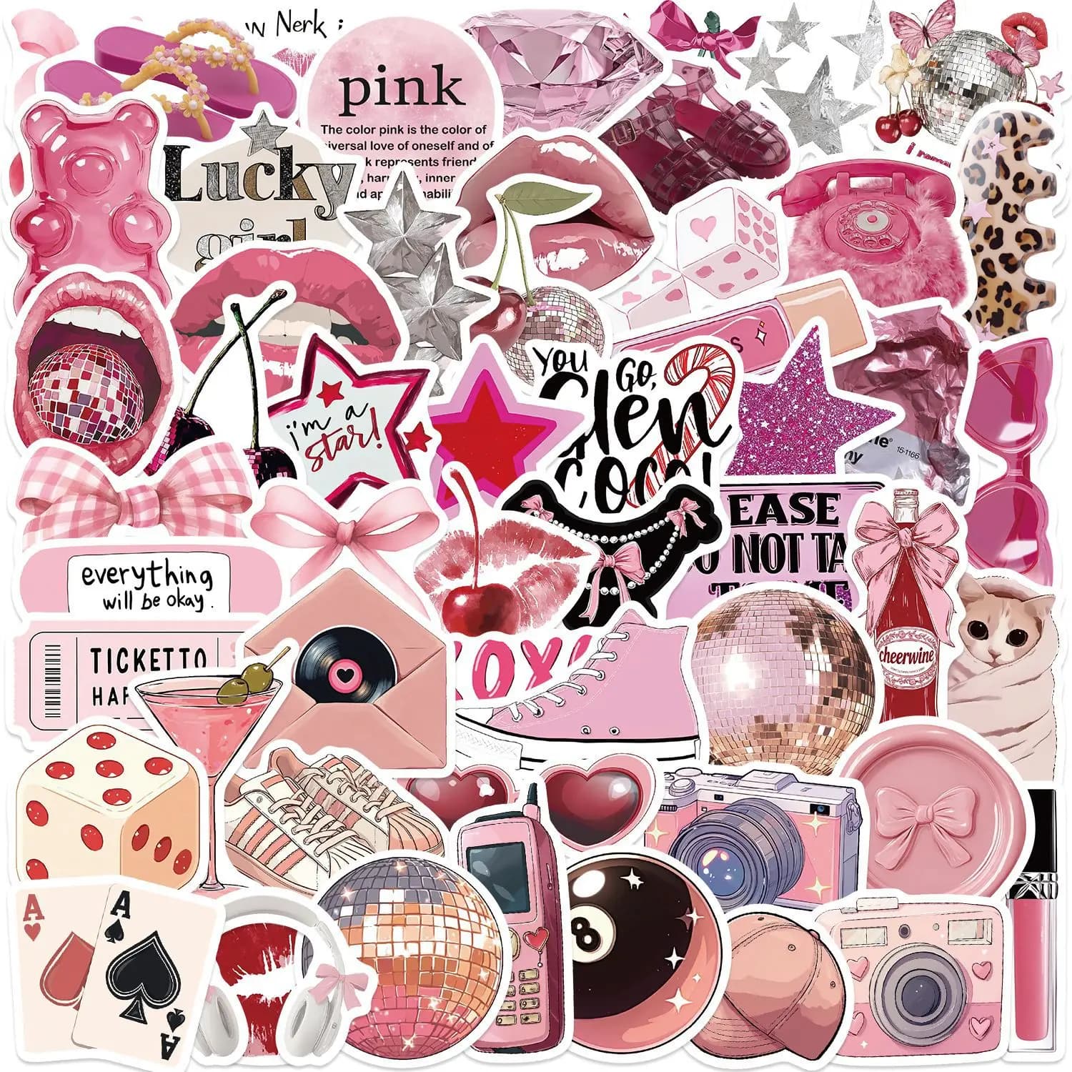 50/100 Pezzi Adesivi Decorativi Cartoon Pink Downtown Girl per Chitarra, Quaderno, Valigia, Fai da Te, Impermeabili, per Cancelleria