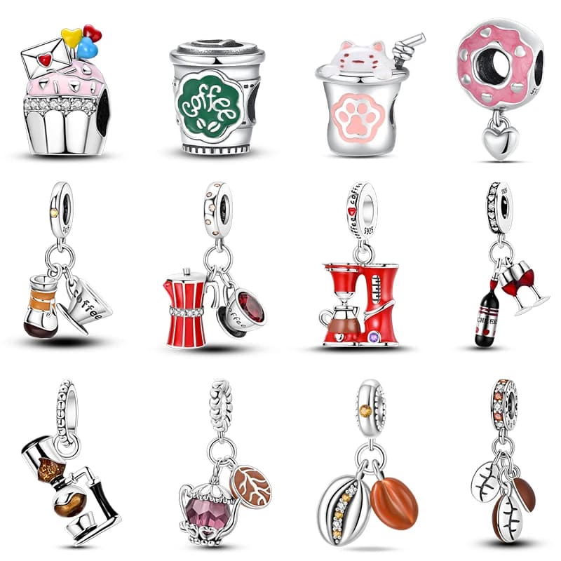 Misura 3mm 925 Braccialetti Originali 925 Colore Argento Macchina da caffè Ciambella Gelato Tè pomeridiano Dessert Pendenti e ciondoli Perline Gioielli fai da te