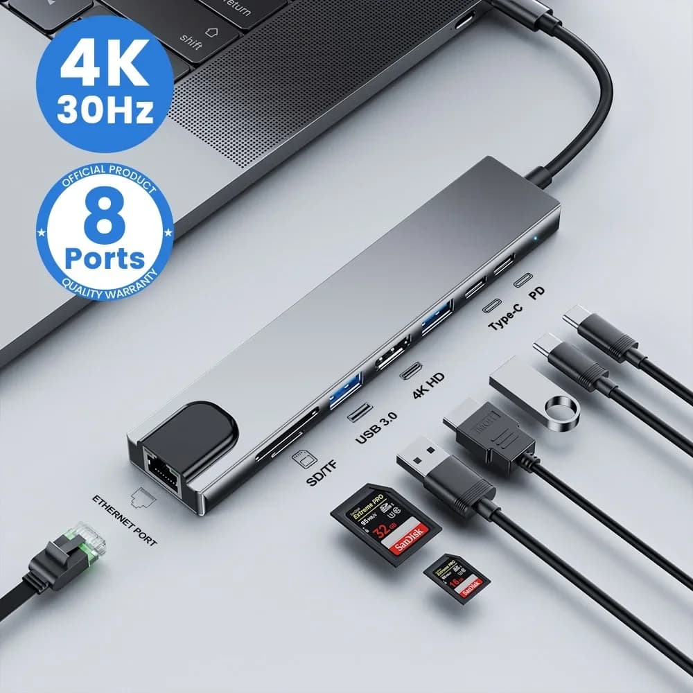 USB Hub C 8-in-1 7-in-2 7-in-1 Type C 3.1 with HDMI Adapter 4K, RJ45, SD/TF Card Reader, Quick PD Charging for MacBook, Notebook, Laptop