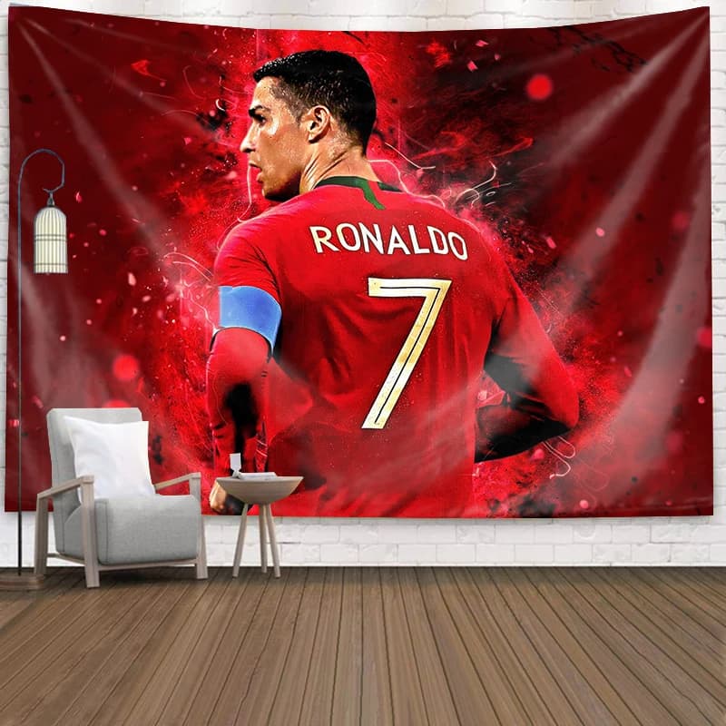 Stella della lega dei campioni Ronaldo Sfondo Panno Stella del calcio Cristiano Ronaldo Decorazione della stanza Arazzo in tessuto da parete Dimensioni multiple