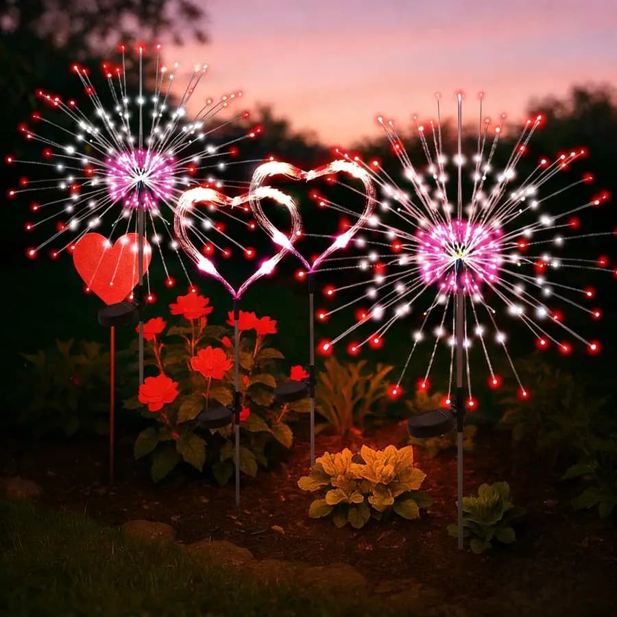 Luci Solari da Esterno per San Valentino, Set da 4 Luci Solari da Giardino Decorative a Forma di Fuochi d'Artificio, Alimentate a Energia Solare per Matrimoni, Cortili