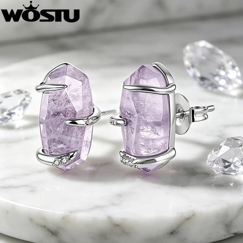 WOSTU Purple Amethyst Crystal Earrings for Women, Geometric Natural Stone Jewelry Gift with S925 Silver Frame Plated Platinum