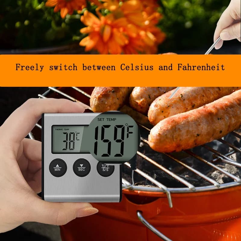 Termometro per Alimenti con Allarme e Timer, Termometro da Cucina per Forno, Sonda Elettronica con Timer, Forchetta per Barbecue in Acciaio Inox Impermeabile per Cottura