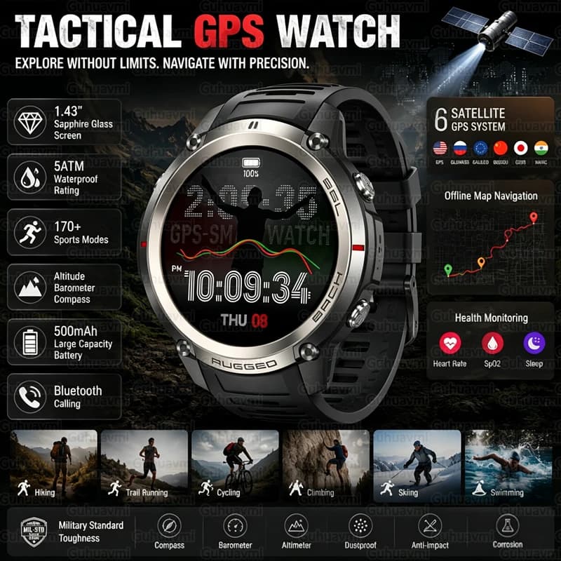 Smartwatch Tattico da Esterno per Uomo, Impermeabile 5ATM, GPS di Grado Militare, Mappe Offline, Altimetro, Bussola, Monitoraggio della Salute, Orologio Sportivo