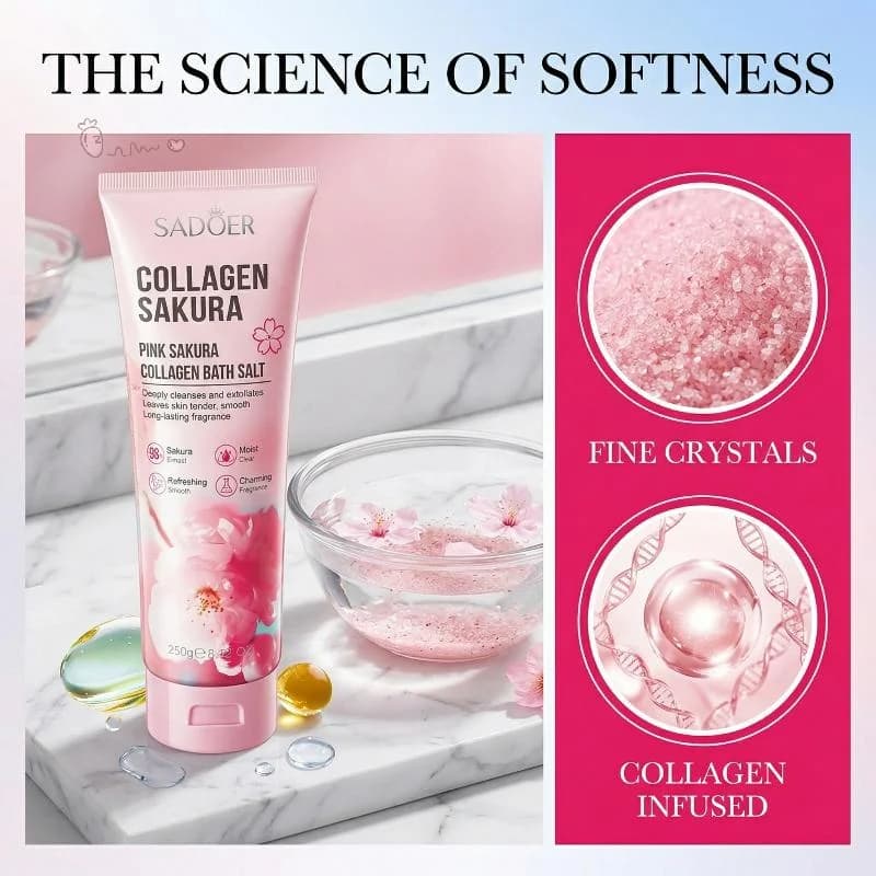 Scrub esfoliante al sale da bagno al collagene ai fiori di ciliegio da 250 g, esfoliazione naturale, deterge e ammorbidisce la pelle, rendendola liscia e sbiancante.