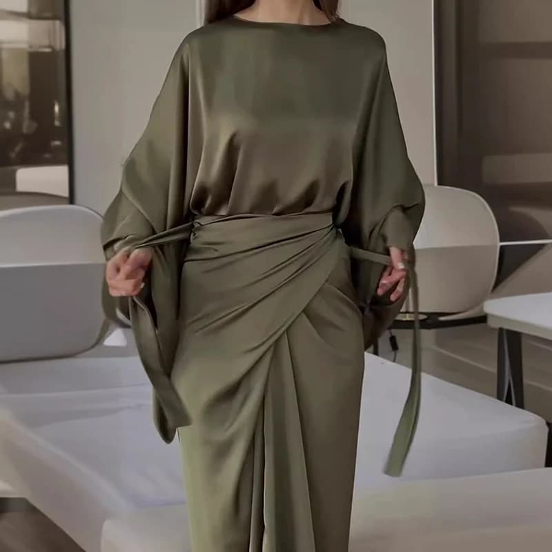 Women's Party Dress With Neck Sleeves Casual Dress Stylish Wraped Evening Dress for commuters Satin Party Dress Solid Color Simple Autumn