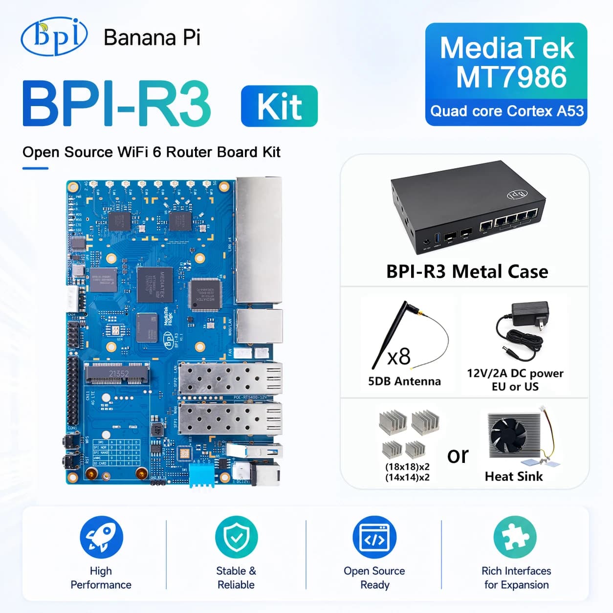 Banana Pi BPI-R3 con custodia in ferro Power MediaTek MT7986 Quad Core 2G DDR RAM 8G eMMC supporto flash scheda Router wi-fi 6 2.4G