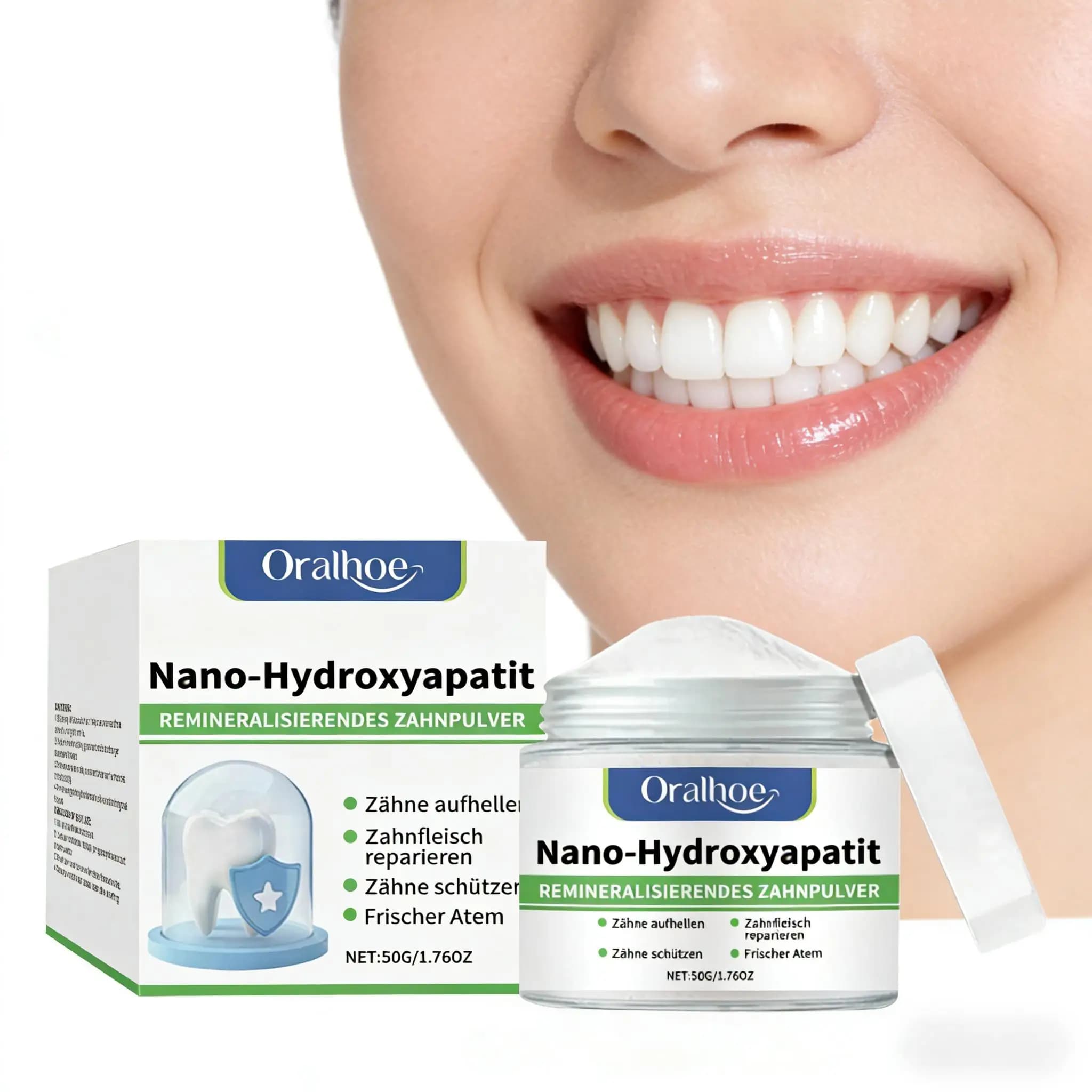 Whitening powder for teeth with Nano-Idrossiapatite, Oral Care Delicate, Clears Yellow Tooths, Removes Macchies, Nutre le Gengive