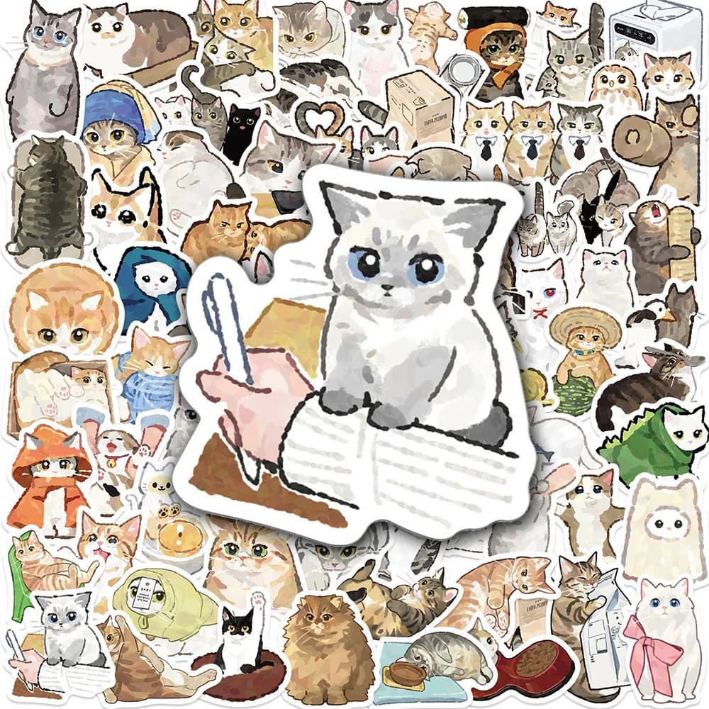 10/30/77pcs Cute Watercolor Kitten Cartoon Stickers Funny Cat Decals Graffiti Suitcase Notebook Guitar Waterproof Sticker Decor