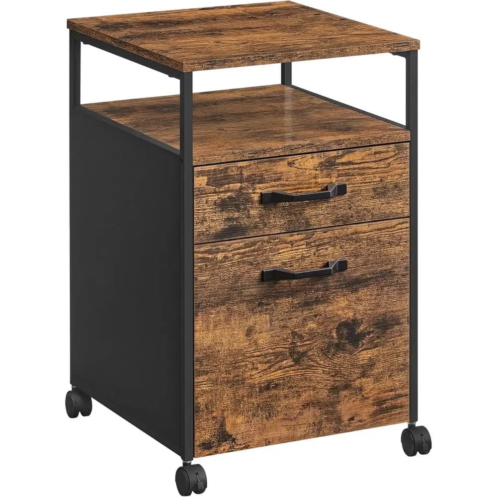 Armadietto Portadocumenti Mobile Marrone Rustico e Nero Inchiostro con Ruote, 2 Cassetti, Ripiano Aperto, Formato A4/Letter, per Cartelle Sospese