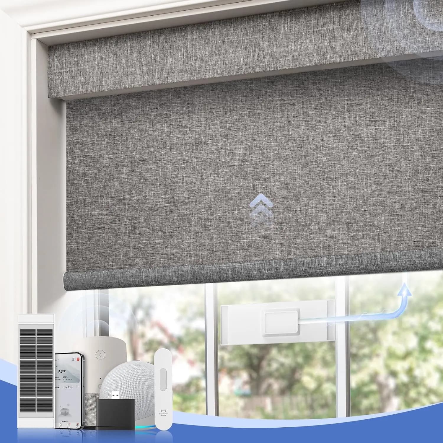 Motorized Blinds with Remote Control, Automatic Dark Curtains with Solar Panel, Intelligent Wireless Electric Roller Blinds for Windows.
