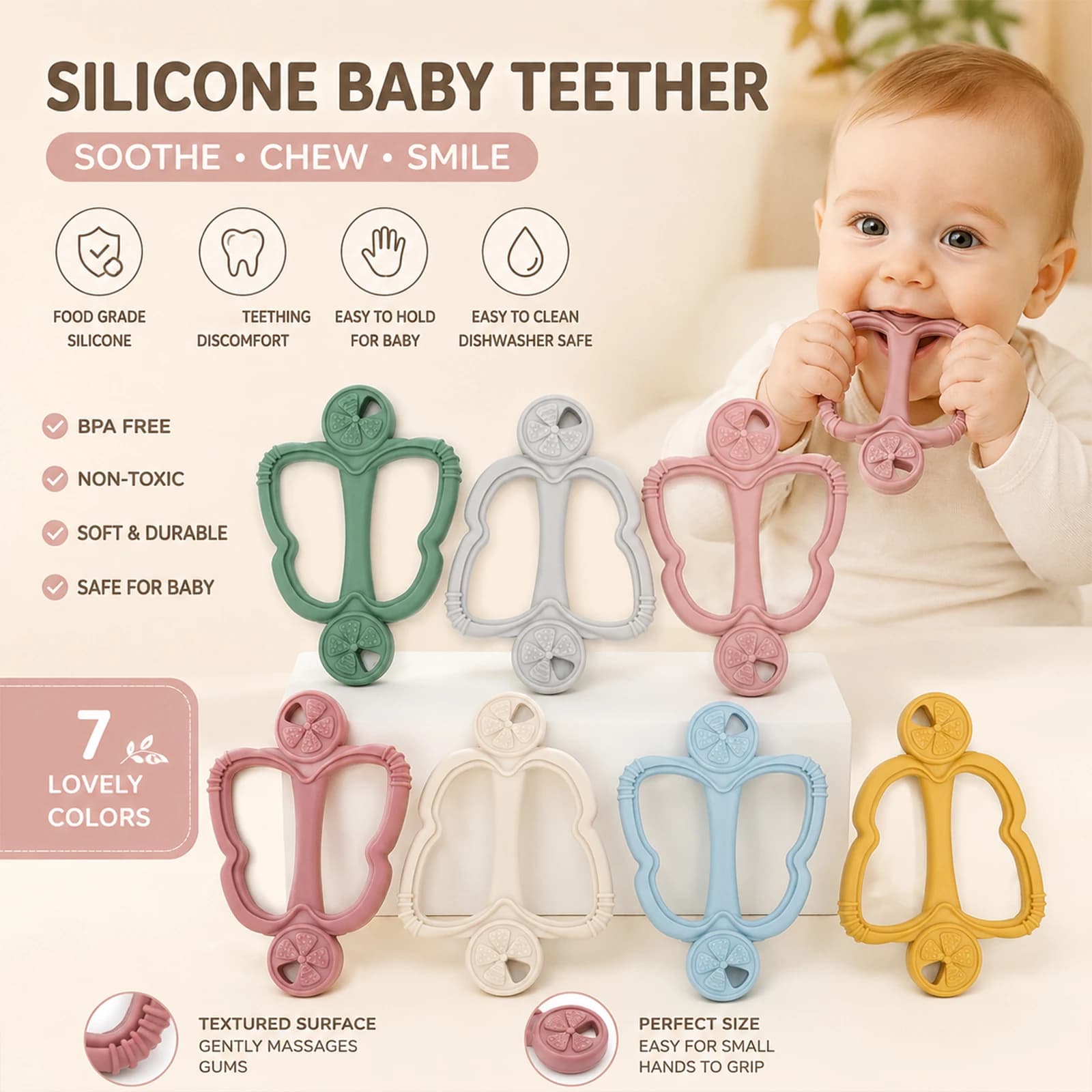 Massaggiagengive in silicone monopezzo con manico, massaggiagengive alla frutta, giocattolo per la dentizione del bambino in silicone, un articolo essenziale per i bambini durante la dentizione.