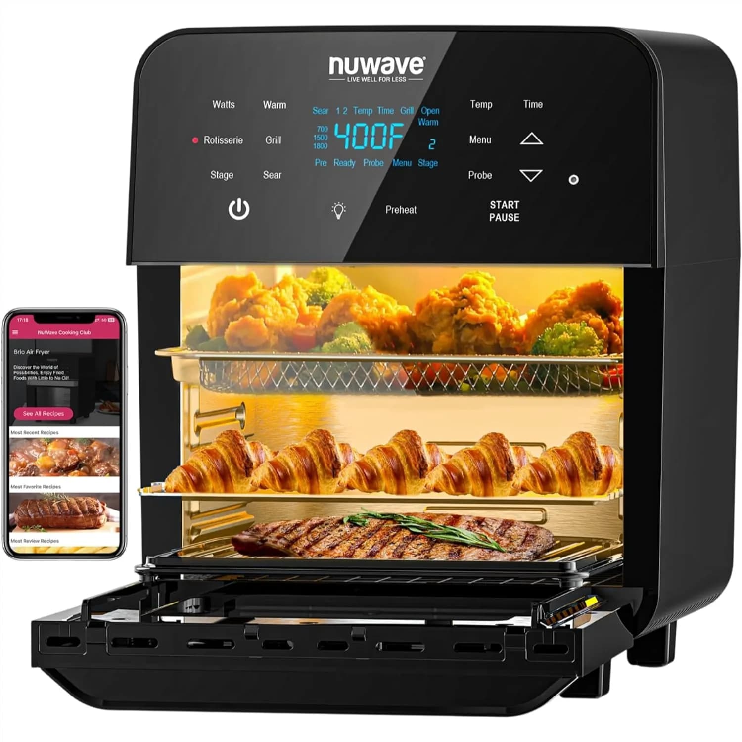 Forno Friggitrice ad Aria da 15.5Qt, Grande Formato Familiare, 1800W, 100 Programmi Preimpostati e 50 Memorie, Termometro Integrato, Girarrosto, Grill, Arrosto, Cottura al Forno